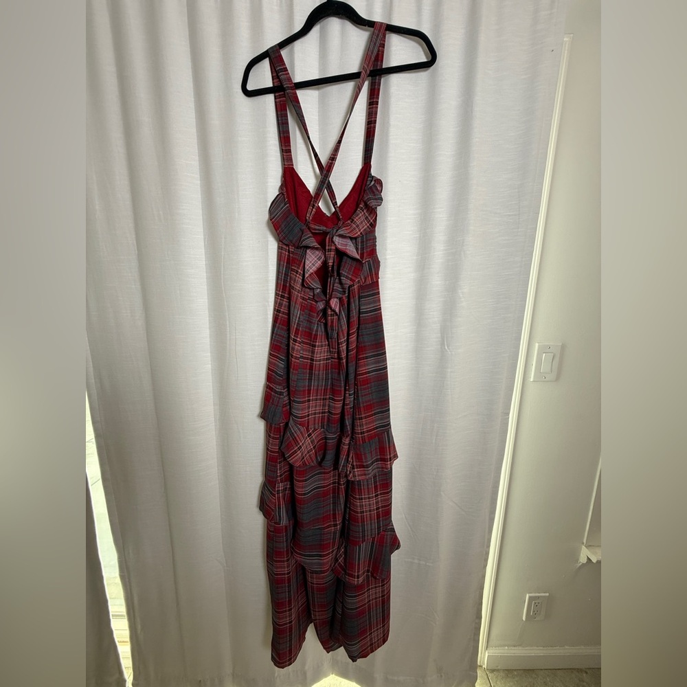 VICI  Reygan Ruffle Plaid Maxi Dress Red Plaid Ruffle Maxi Dress w/ Slit Size M - Picture 12 of 17
